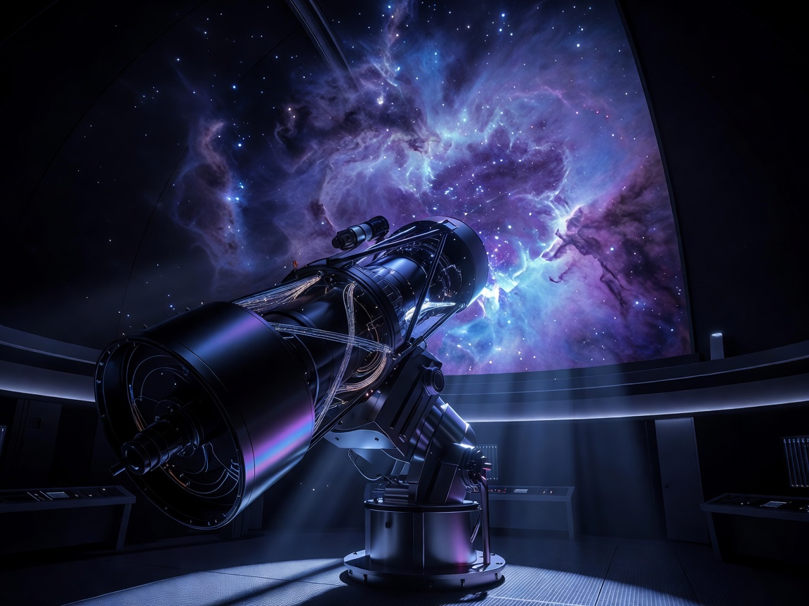 A high-tech modern observatory telescope pointing towards a brilliant purple and blue nebula in deep space